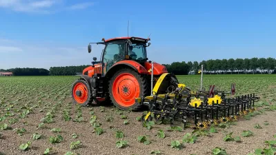 Oranžový traktor s meziřádkovou plečkou na poli.