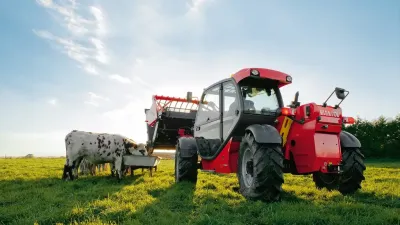 Červený teleskopický manipulátor Manitou na pastvině s kravami.
