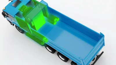Grafické znázornění vodíkové technologie na modrém nákladním automobilu