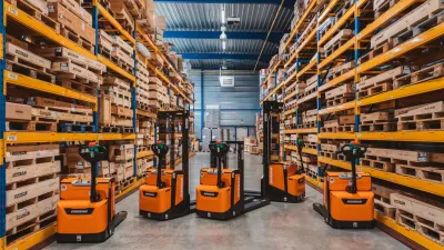 Oranžové skladové vozíky Doosan mezi regály s náhradními díly