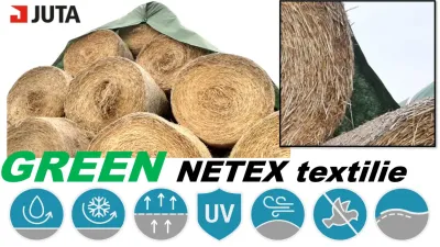 Propagační grafika textilie JUTA Green Netex s balíky sena