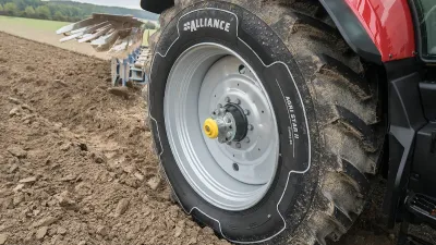 Detail pneumatiky Alliance na kole traktoru při práci na poli