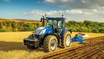 Modrý traktor New Holland T7.340 při orbě pole