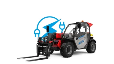 Elektrický teleskopický manipulátor Manitou MLT 625e s vidlemi na bílém pozadí