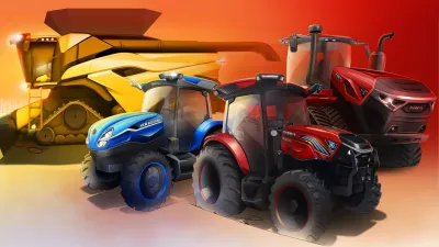 Ilustrace traktorů Case IH a New Holland a kombajnu New Holland