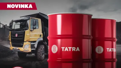 Reklamní grafika olejů a maziv Tatra se sudy a nákladním vozem
