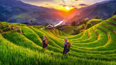 Rýžové terasy ve Vietnamu při západu slunce