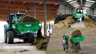 Koláž rozdružovače balíků Hustler Unrolla při práci.