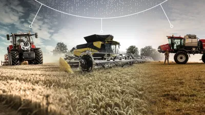 Traktor, sklízecí mlátička a postřikovač propojené na poli.