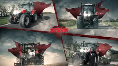 Koláž čtyř traktorů Steyr ztvárněných jako superhrdinové.