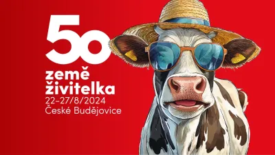 Grafika 50. ročníku agrosalonu Země živitelka s krávou v brýlích.