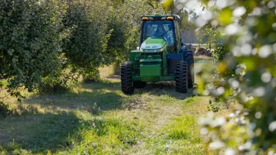 Zelený traktor John Deere v sadu