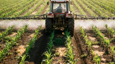 Traktor s postřikovačem při práci na poli