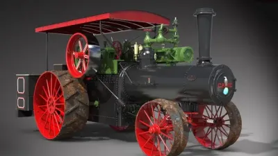Historický parní traktor Case se zeleným motorem a červenými koly