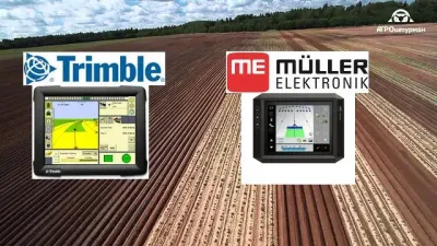 Loga Trimble a Müller-Elektronik s ovládacími terminály nad polem