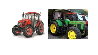Srovnání červeného traktoru Zetor a zeleného traktoru John Deere