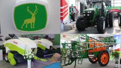 Koláž čínských traktorů a strojů vystavených na veletrhu