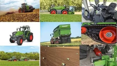 Koláž traktorů a zemědělských strojů Fendt