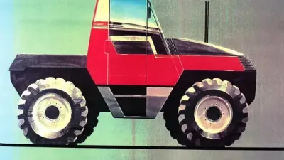 Dobová kresba červeno-černého prototypu traktoru JCB Fastrac