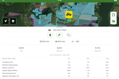V mobilní aplikaci lze mimo jiné kontrolovat veškerá data o stroji. Samozřejmostí je zobrazení jeho polohy na mapě.
