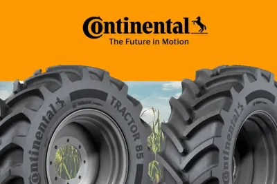 Logo Continental nad snímkem zemědělských pneumatik