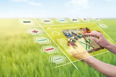 Grafika systému NEXT Machine Management propojující značky zemědělské techniky