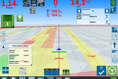 Pracovní prostředí autopilotu Raven CR12 při setí. Naplánované souvraťové zóny a kolejové řádky. Zobrazený směr a rychlost jízdy v daných místech, vzdálenost k souvrati a hranici pole. Automatické vypínání setí na souvrati. Obsluha může za jízdy přepínat mezi navigačními linkami.