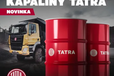 Reklamní grafika olejů a maziv Tatra se sudy a nákladním vozem