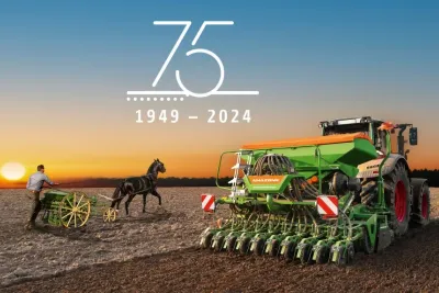 Historický a moderní secí stroj Amazone na výročním grafickém snímku
