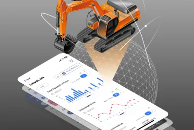 Grafika digitální platformy Develon se strojem a datovými přehledy.