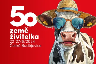 Grafika 50. ročníku agrosalonu Země živitelka s krávou v brýlích.