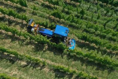 Modrý traktor při práci ve vinici