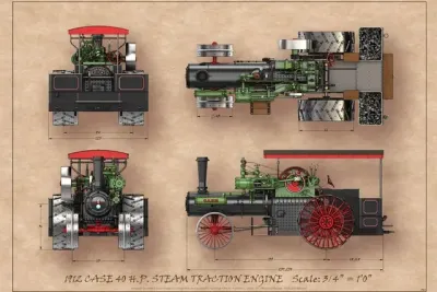 Technický nákres parního traktoru Case z roku 1912