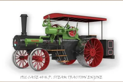 Historický parní traktor Case na ilustraci