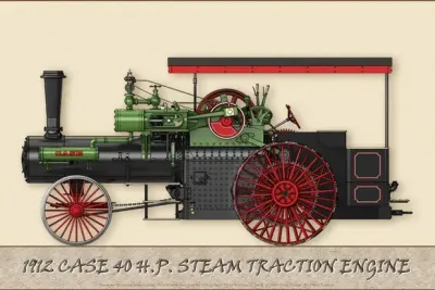 Boční pohled na parní traktor Case na ilustraci