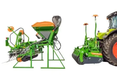 Secí stroj Amazone AD-P 01 Special vedle rotačního kypřiče a traktoru na bílém pozadí.