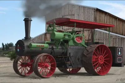 Historický parní traktor Case před stodolou